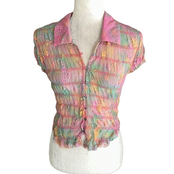 NWOT Free People Julie Printed Lace Mesh Crop Top in Tropical Sunset Combo - S - Picture 5 of 15